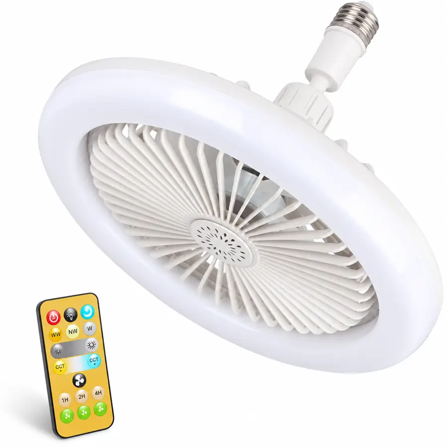 Foco-ventilador LED redondo con su control remoto, sobre fondo blanco