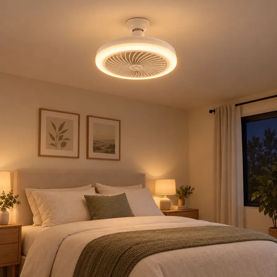 Dormitorio con el foco-ventilador dando luz cálida